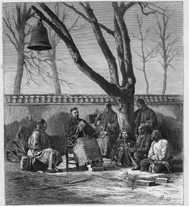 Misjonærundervisning i katolsk doktrine i Henan-provinsen (Ho Nan, Ho-Nan), Kina. Gravering i "The Catholic Missions in the XIXth Century" av Louis-Eugene (Louis Eugene) Louvet. privat samling. av Anonymous Anonymous