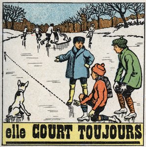 Bevegelser: barn som spiller baller på den frosne isen i en dam om vinteren. Anonym illustrasjon fra 1925. Privat samling. av Anonymous Anonymous
