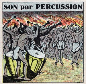 Musikkinstrumenter: perkusjonsspillere i en afrikansk landsby. Anonym illustrasjon fra 1925. Privat samling. av Anonymous Anonymous
