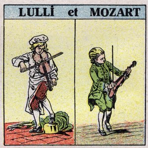 Musical instruments: rubbed string instruments. Jean Baptiste Lully (Giovanni Battista Lulli) (1632-1687) and Wolfang Amadeus Mozart (1756-1791) playing the violin. Anonymous illustration from 1925. Private collection. av Anonymous Anonymous