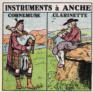 Musikkinstrumenter: blåseinstrumenter ved hoften. Pipe- og klarinettspillere. Anonym illustrasjon fra 1925. Privat samling. av Anonymous Anonymous