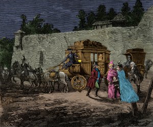 Nattflukt for kongefamilien til Varennes i 1791, Gravering, Privat samling av Anonymous Anonymous