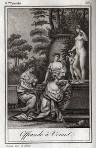 Tilbud til Venus. Små kjærligheter (angelots) samles for å hylle gudinnen Afrodite. Gravering fra 1819 i «Lettres a Emilie sur la mythologie» av Charles Albert Demoustier (1760-1801). Privat samling. av Anonymous Anonymous