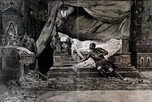 Otello dreper seg i nærheten av kroppen til Desdemona. Illustrasjon av den siste scenen til Otello, opera av Giuseppe Verdi av Anonymous Anonymous