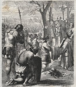 Otto I, den hellige romerske keiser mottar nattverd før slaget ved Lechfeld (955) - Den tyske keiseren Otton I (Othon) (912-973) mottok nattverd før slaget ved Lechfeld i 955 - gravering av 1864 av Anonymous Anonymous