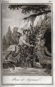 Pan and the nymph Syrinx transformed into reeds (Pan and Nymph Syrinx). Engraving from 1819 in “Lettres a Emilie sur la mythologie” by Charles Albert Demoustier (1760-1801). Private collection. av Anonymous Anonymous