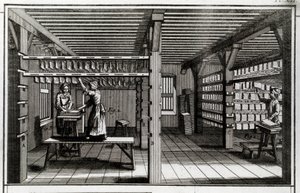 Papirfabrikk: tørkestadiet. 1700-talls gravering. Privat samling av Anonymous Anonymous