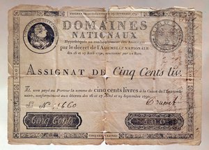 Papir utgitt under den franske revolusjonen: et oppdrag på 500 pund fra 1790. Privat samling av Anonymous Anonymous