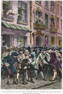 Paris IV arrondissement - Rue Quincampoix i 1720 under John Laws system (1671 - 1729) - "" Oppstyret på rue Quincampoix"" (konkurs forårsaket av lov) - Utsikt over rue Quincampoix med spekulantene på tidspunktet for systemet til John Law, av Anonymous Anonymous