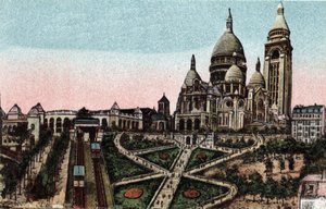 Paris: taubanen og basilikaen Sacre Coeur (Sacre-Coeur) på Butte Montmartre. Fotografi av 1920 i "" Artistic Album "" av byen Paris. Privat samling. av Anonymous Anonymous