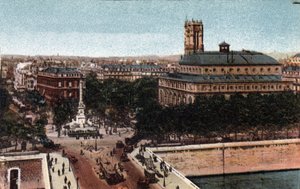 Paris: utsikt over Place du Chatelet og Sarah-Bernhardt Theatre (dagens Theatre de la Ville). I bakgrunnen, Saint Jacques Tower (Saint Jacques). Fotografi av 1920 i "" Artistic Album "" av byen Paris. Privat samling. av Anonymous Anonymous