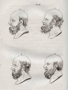Fysiognomi - Fysiognomi - Flere overhoder av den greske filosofen Sokrates (ca. 469 f.Kr.-399 f.Kr.) (Byste av Sokrates (ca. 469 f.Kr.-399 f.Kr.), athensk filosof) gravering fra 1808 i "Kunsten å kjenne menn gjennom fysiognomi" Johann Gaspar (Gaspard) Lava av Anonymous Anonymous
