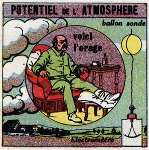 Physiological effects of electricite: potential of the atmosphere. A gouty who feels a storm is coming illustrates the action of the electric field on the human body. We measure the electricite of the atmosphere with a probe balloon attached to an electrom av Anonymous Anonymous