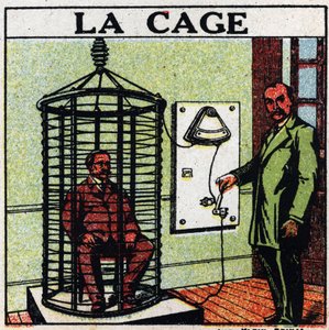 Physiological effects of electricite: the cage. Care of a patient by passing electricite around him without touching him, also called “self-conduction” method. Anonymous illustration from 1925. Private collection. av Anonymous Anonymous