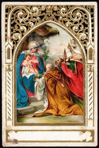 Fromt bilde: "" Adoration of the Magi"" Dentelee-kort. Kromolitografi fra begynnelsen av 1900-tallets privatsamling av Anonymous Anonymous