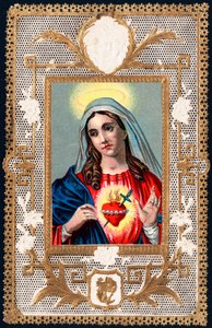 Fromt bilde: "" Virgin of Pain""" Mater dolorosa. Dentelee kort. Kromolitografi fra begynnelsen av 1900-tallets privatsamling av Anonymous Anonymous