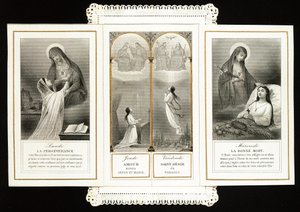 Fromt bilde: "" utholdenhet, kjærlighet til Jesus og Maria, paradisets hellige ønske, den gode død"" Dentelee-kort i tryptisk. Privatsamling fra 1800-tallet av Anonymous Anonymous