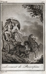 Pluto (Hades) tar Persephone (Proserpine) foran moren sin, Ceres (Demeter), og tar ham med til underverdenens rike. Pluto frakter Persefone til sitt rike, underverdenen, i gresk mytologi. Gravering fra 1819 i «Lettres a Emilie s av Anonymous Anonymous
