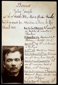 Politiark av kriminell Jules Bonnot (1876-1912) (Bonnot-band) med liste over forbrytelser av Anonymous Anonymous