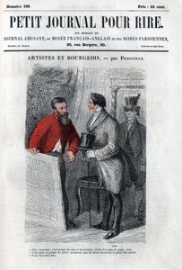 Politisk og sosial tegneserie under det andre imperiet. "" Kunstner og borgerlig"": samtale mellom amatør av borgerlig kunst (mecene). Gravering i "" Petity Journal pour rire"" av Anonymous Anonymous