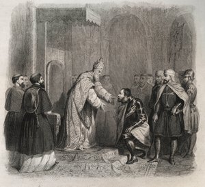 Pave St. Pius V (Pius eller Pio) (1566-1572) tar imot vinneren av slaget ved Lepante. Gravering fra 1846 i "" Lives of the saints"". Privat samling. av Anonymous Anonymous