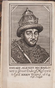 Portrett av Alexis I Mikhailovitch de Russie (1629-1676), dit le tsar tres paisible (Portrett av tsaren Alexis I Mikhailovich av Russland) - Etsning fra ""The Present State of Russia"" av Samuel Collins av Anonymous Anonymous