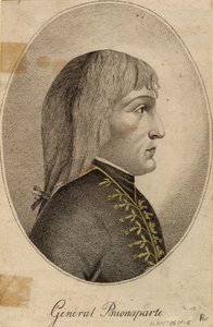 ""Portrett av general Napoleon Bonaparte (1769-1821)"" Anonym gravering 1796 Dim 19,2x12,5 cm Privat samling av Anonymous Anonymous