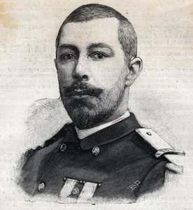 Portrett av Antoine Mizon (1853-1899) fransk oppdagelsesreisende i Afrika. Gravering i "" Le Peute Parisien"" av Anonymous Anonymous