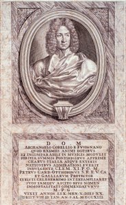 Portrett av Arcangelo Corelli (1653-1713), italiensk komponist og fiolinist, gravering. Milanesisk privatsamling fra 1700-tallet av Anonymous Anonymous