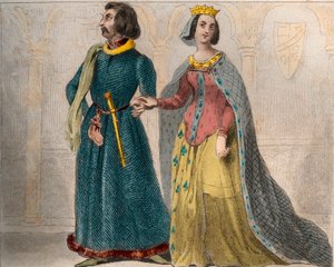 Portrett av Charlotte de Savoie (1441-1483) Dronning av Frankrike, med Louis XI av Frankrike, kjent som den forstandige (1423-1483). Gravering fra 1859 i “” Le Monde. Alle folkeslags historie fra de fjerneste tider til i dag». av M. E. de Lostalot-Bachoue. av Anonymous Anonymous