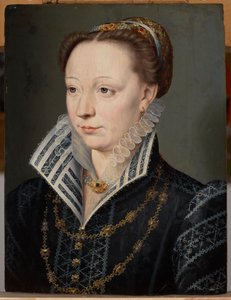 Portrett av Claude Catherine de Clermont-Tonnerre, hertuginne av Retz (1543–1603), ca. 1571 (olje på panel) av Anonymous Anonymous