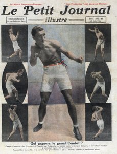 Portrett av den franske bokseren Georges Carpentier som skal kjempe mot den amerikanske bokseren Jack Dempsey om tittelen verdensmester. Illustrasjon hentet fra "" Le petit journal illustrious""" av 19.06.1921. Privat samling av Anonymous Anonymous