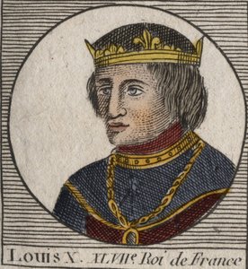 Portrett av Louis X le Hutin (1289 - 1316), konge av Frankrike - Louis X (1289-1316) den sta, konge av Frankrike og Navarra - gravering fra "" Instruction sur l