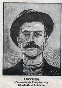 Portrett av Luigi Lucheni (1873-1910), italiensk anarkist, leiemorder i 1898 av Elisabeth de Wittelsbach, en keiserinne av Østerrike kjent som Sissi. Gravering i "" L'illustrious du petit journal"" av Anonymous Anonymous
