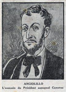 Portrett av Michele Angiolillo Lombardi dit Jose Sants eller Rinaldini, italiensk anarkist (1871-1897) morder av presidenten for det spanske rådet, Antonio Canovas del Castillo (1828-1897). Gravering i "" L