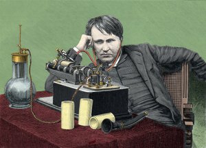 Portrett av Thomas Edison (1847-1931), amerikansk fysiker, med sin fonograf. Gravering rundt 1900. av Anonymous Anonymous