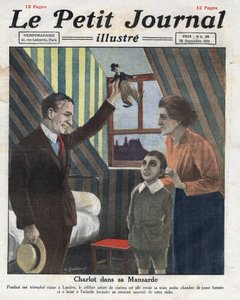 Portrett av skuespilleren Charlie Chaplin som reiser til London, besøker sitt tidligere rom, og tilbyr barnet til familien en liten dukke av Charlot. Illustrasjon hentet fra "" Le petit journal illustrious""" av 23.09.1921. Privat samling av Anonymous Anonymous