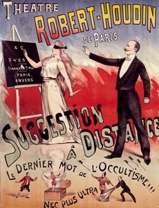 Plakat som presenterer showet "Suggestion a distance"" på Theatre Robert Houdin i Paris, grunnlagt av Jean-Eugene Robert Houdin (1805-1871) av Anonymous Anonymous