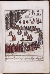 Procession du doge et de son entourage sur la place Saint Marc, Venezia - Prosesjon av Doge og hans følge på Piazza San Marco i Venezia, Anonym . Kobberstikk, akvarell av Anonymous Anonymous