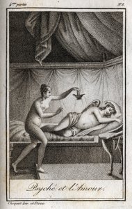 Psyche and Cupid-gravering fra 1819 i "Letters to Emilie on Mythology" av Charles Albert Demoustier (1760-1801). Privat samling. av Anonymous Anonymous