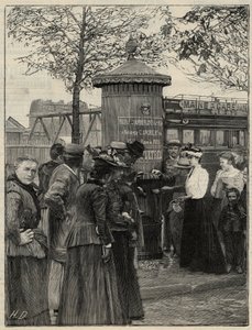 Offentlig hygiene: innbyggere i Paris bruker en av filtrevannfontenene installert i det 15. arrondissement. Disse fontenene har et Chamberland Pasteur-systemfilter. Gravering i “Le monde illustree”” fra 1892. Privat samling. av Anonymous Anonymous
