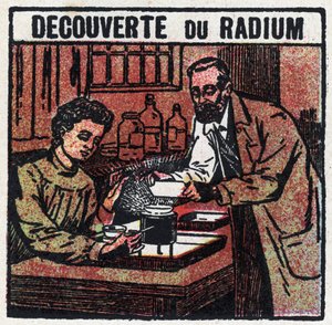 Radium: oppdaget radium av Pierre (1859-1906) og Marie Curie (1867-1934) i 1898. Anonym illustrasjon fra 1925. Privat samling. av Anonymous Anonymous