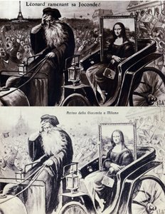 Representasjon av Leonard de Vinci (Leonardo da Vinci) (1452-1519) som bringer tilbake hans verk "" The Mona Lisa"" (Mona Lisa, Monna Lisa) etter tyveriet av verket av Vincenzo Peruggia (1881-1925) som fant sted den 21.08.1911. Komedie  av Anonymous Anonymous