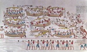 Representasjon av slaget ved Nildeltaet mellom Armees of Ramses III og Peoples of the Sea» Fra et relieff til begravelsestempelet til Medinet Habou, Egypt av Anonymous Anonymous