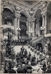 Russiske sjømenn klatrer den store trappen under en gallaaften på Opera Garnier i Paris. Gravering i "" Le Petit Parisien"" 29.10.1893. av Anonymous Anonymous