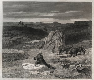 Den hellige Antonius Abbe (den hellige Antonius den store (250/251-356) (eller den hellige eremitten Antonius) begravde den hellige Paulus av Theben i ørkenen. Gravering fra 1846 i “” Helgenernes liv””. Privat samling. av Anonymous Anonymous