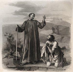 Saint Benedict of Nursia ønsker Totila (6. århundre) kongen av østgoterne velkommen. Gravering fra 1846 i "" Lives of the saints"". Privat samling. av Anonymous Anonymous