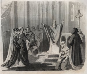 Saint Dunstan (ca. 909-988), eveque av Canterbury, benediktiner og reformator av klosterlivet i England, kunngjorde sin forestående død til folket. Gravering fra 1846 i "" Lives of the saints"". Privat samling. av Anonymous Anonymous