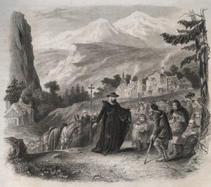 Saint Francois-de-Sales (Saint Francois de Sales) (1567-1622), eveque av Genève på et pastoralt besøk. Gravering fra 1846 i "" Lives of the saints"". Privat samling. av Anonymous Anonymous