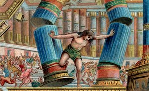Samson tar ned Dagons tempel - Kromolitografi - Privat samling av Anonymous Anonymous